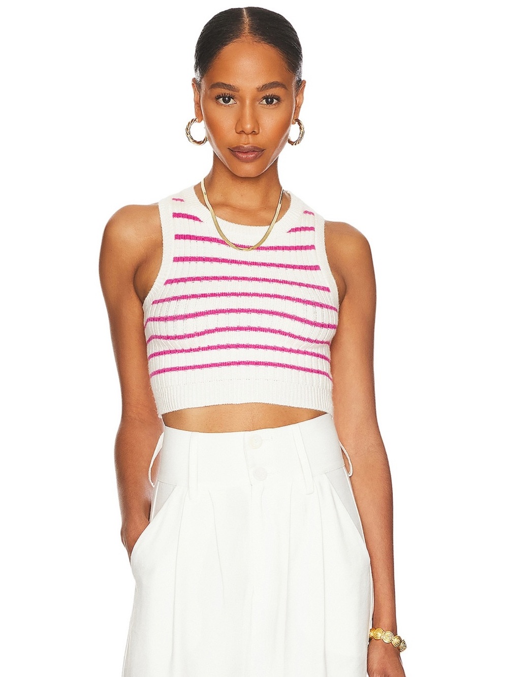 superdown White & Pink Striped Cropped Tank